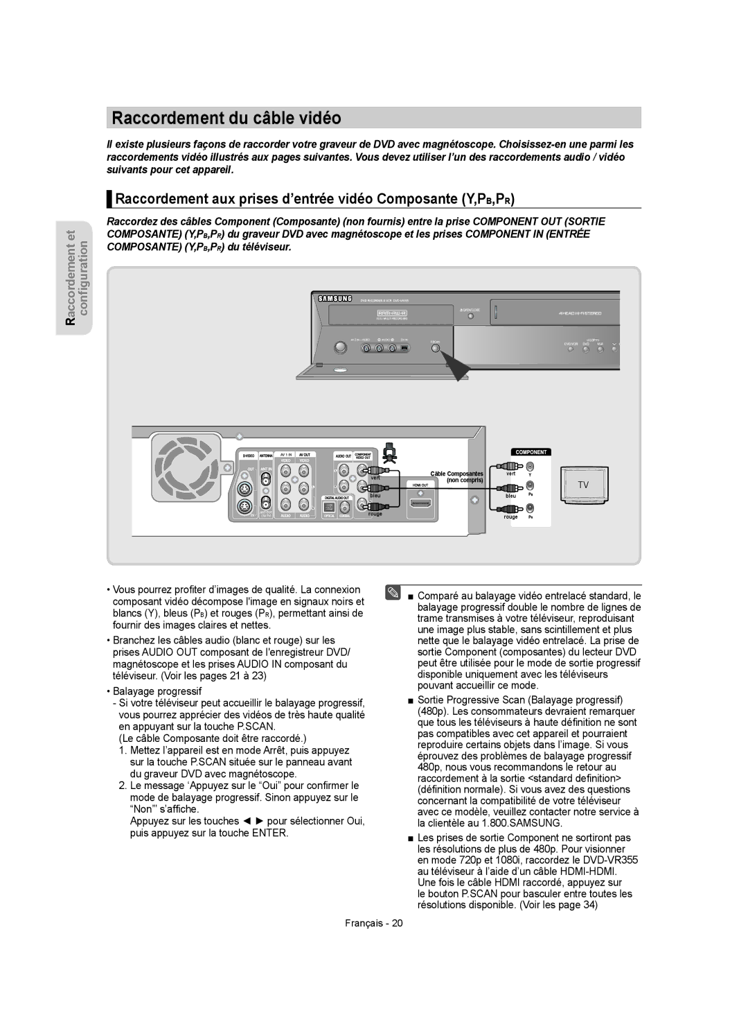 Samsung DVD-VR350 instruction manual Raccordement du câble vidéo, Raccordement aux prises d’entrée vidéo Composante Y,PB,PR 