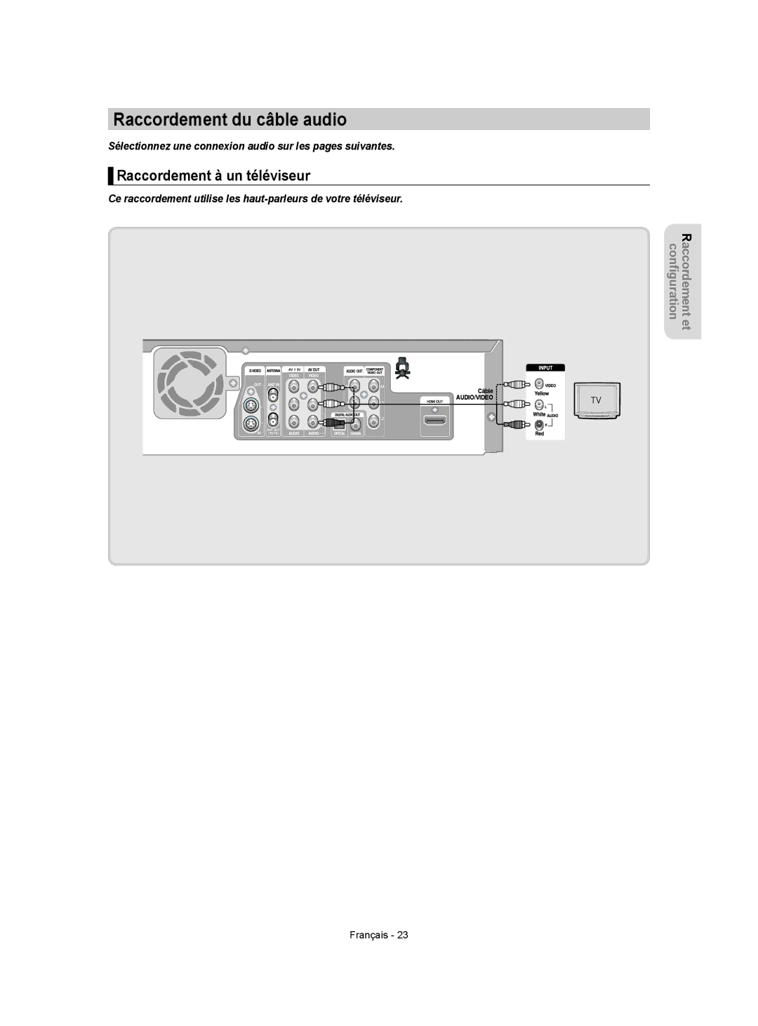 Samsung DVD-VR350 instruction manual Raccordement du câble audio, Raccordement à un téléviseur 