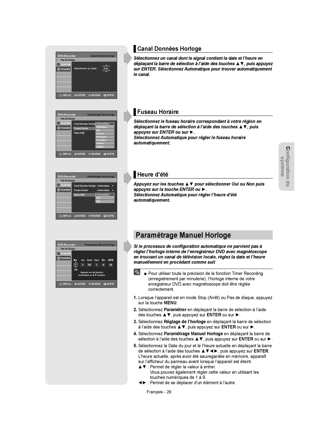 Samsung DVD-VR350 instruction manual Paramétrage Manuel Horloge, Canal Données Horloge, Fuseau Horaire 