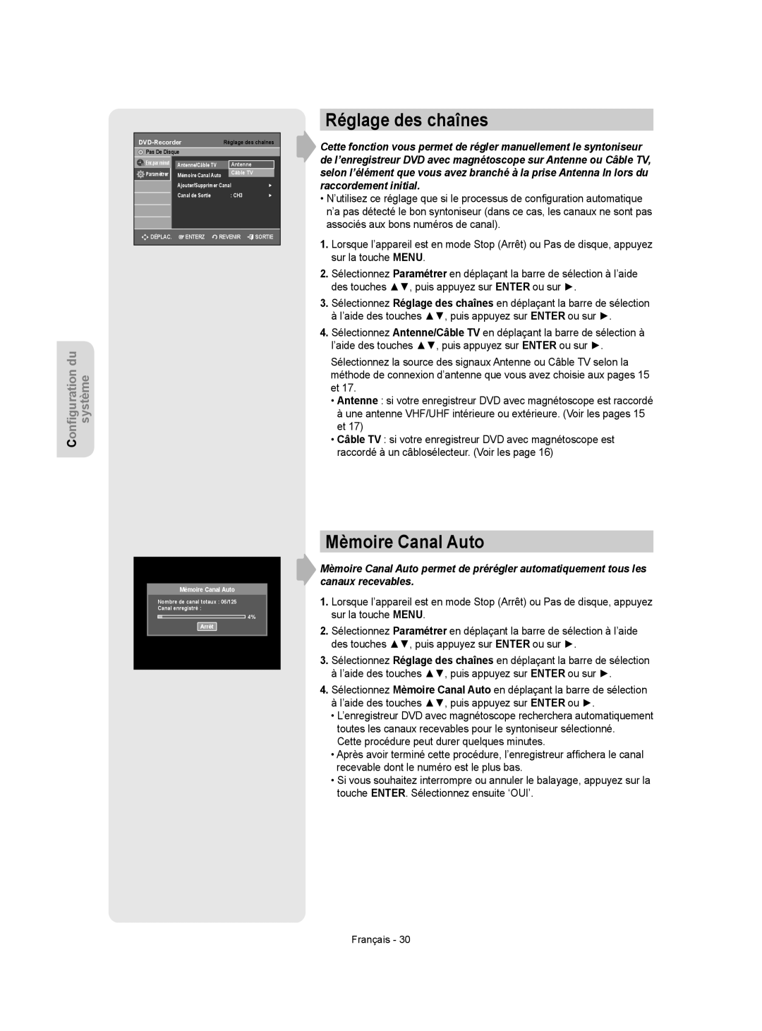 Samsung DVD-VR350 instruction manual Réglage des chaînes, Mèmoire Canal Auto 