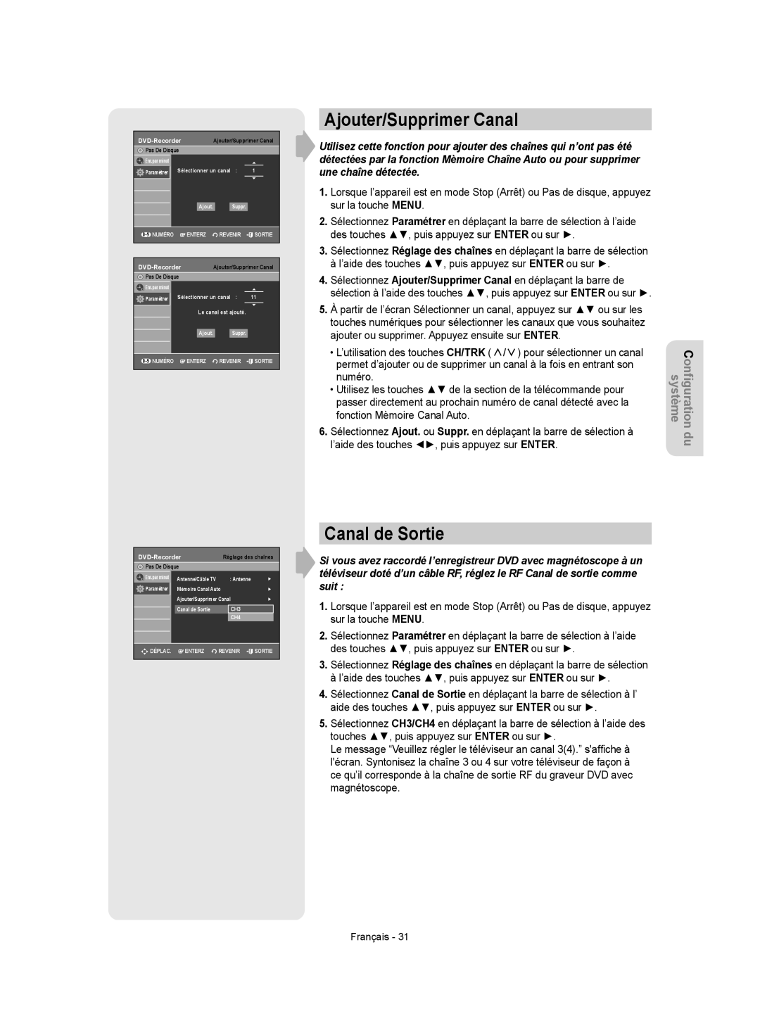 Samsung DVD-VR350 instruction manual Ajouter/Supprimer Canal, Canal de Sortie 