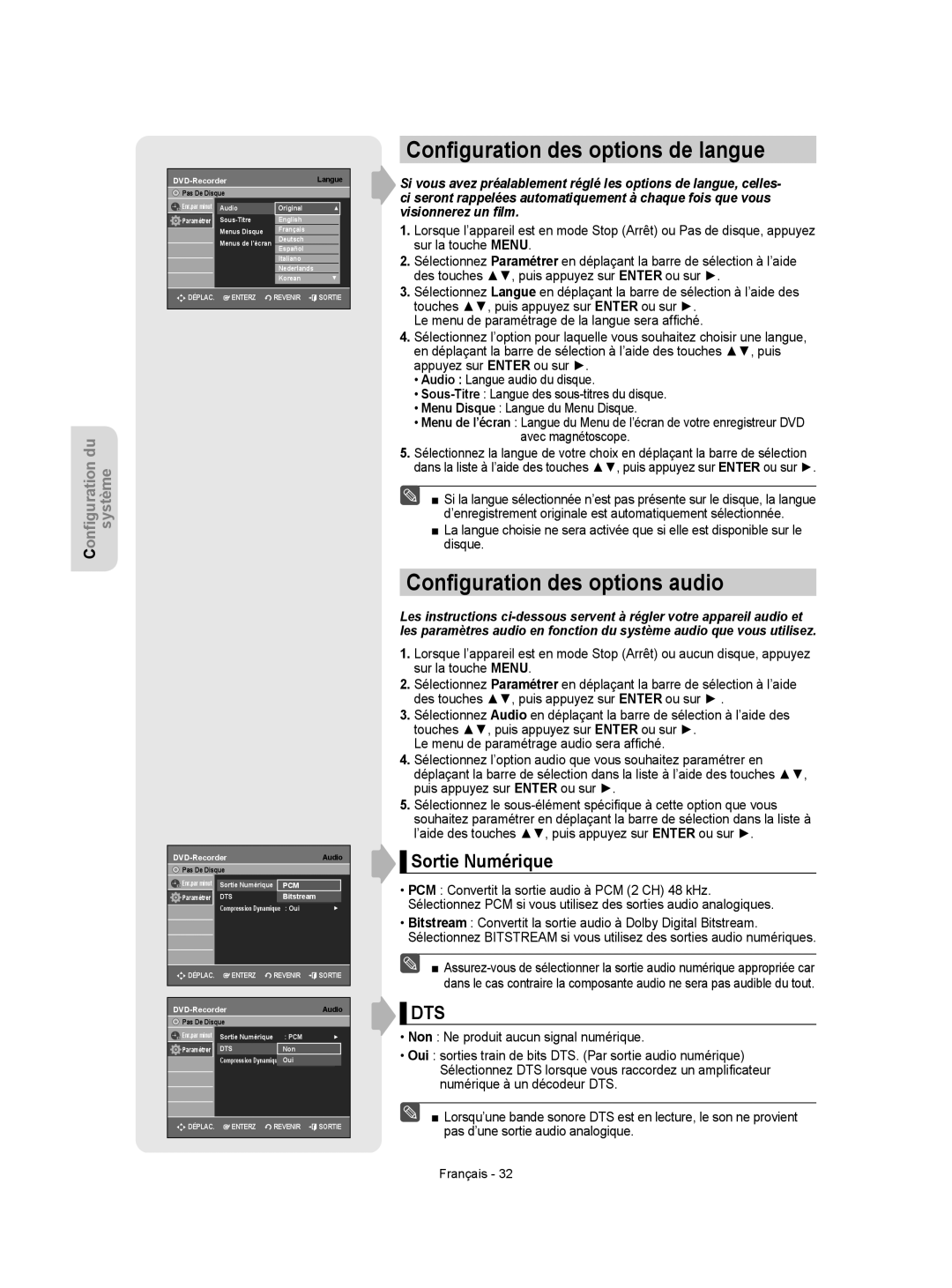 Samsung DVD-VR350 instruction manual Conﬁguration des options de langue, Conﬁguration des options audio, Sortie Numérique 