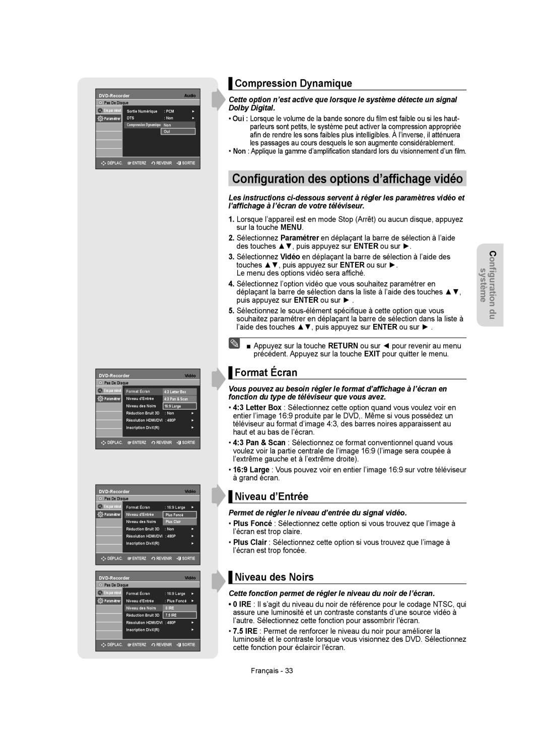 Samsung DVD-VR350 instruction manual Compression Dynamique, Format Écran, Niveau d’Entrée, Niveau des Noirs 