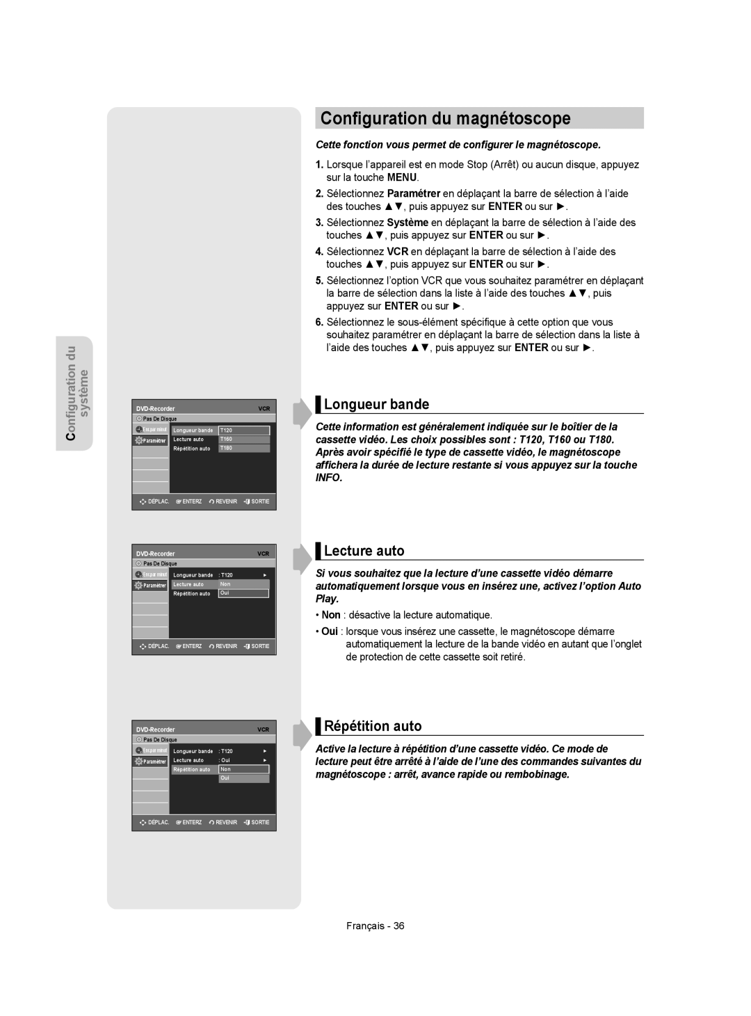 Samsung DVD-VR350 instruction manual Conﬁguration du magnétoscope, Longueur bande, Lecture auto, Répétition auto 