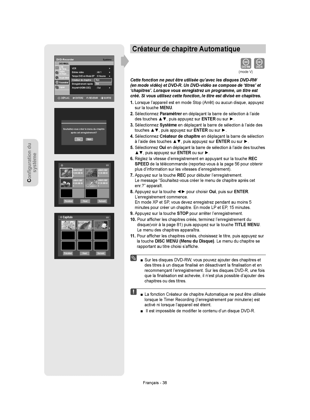 Samsung DVD-VR350 instruction manual Créateur de chapitre Automatique 