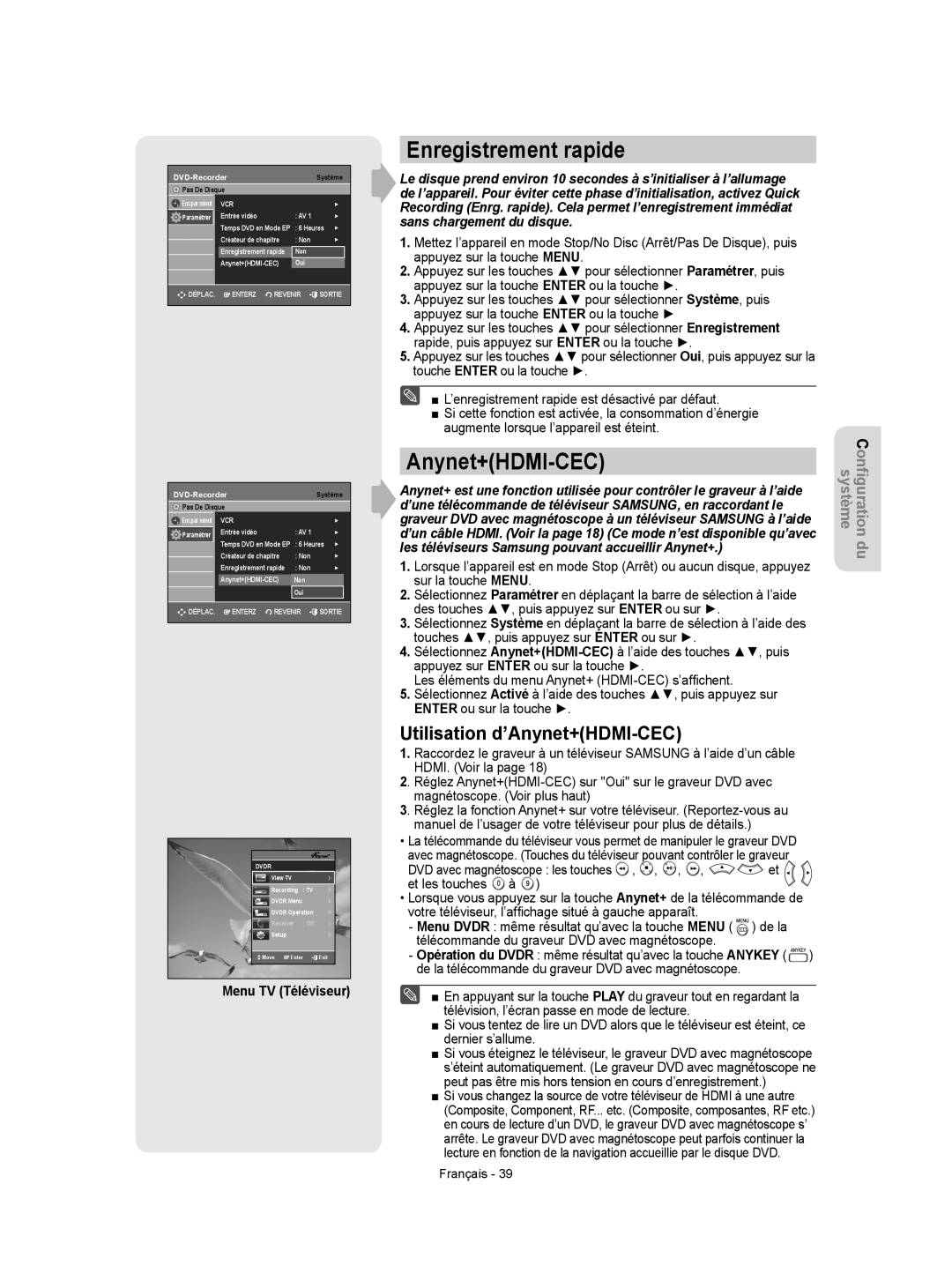 Samsung DVD-VR350 instruction manual Enregistrement rapide, Utilisation d’Anynet+HDMI-CEC, Menu TV Téléviseur 