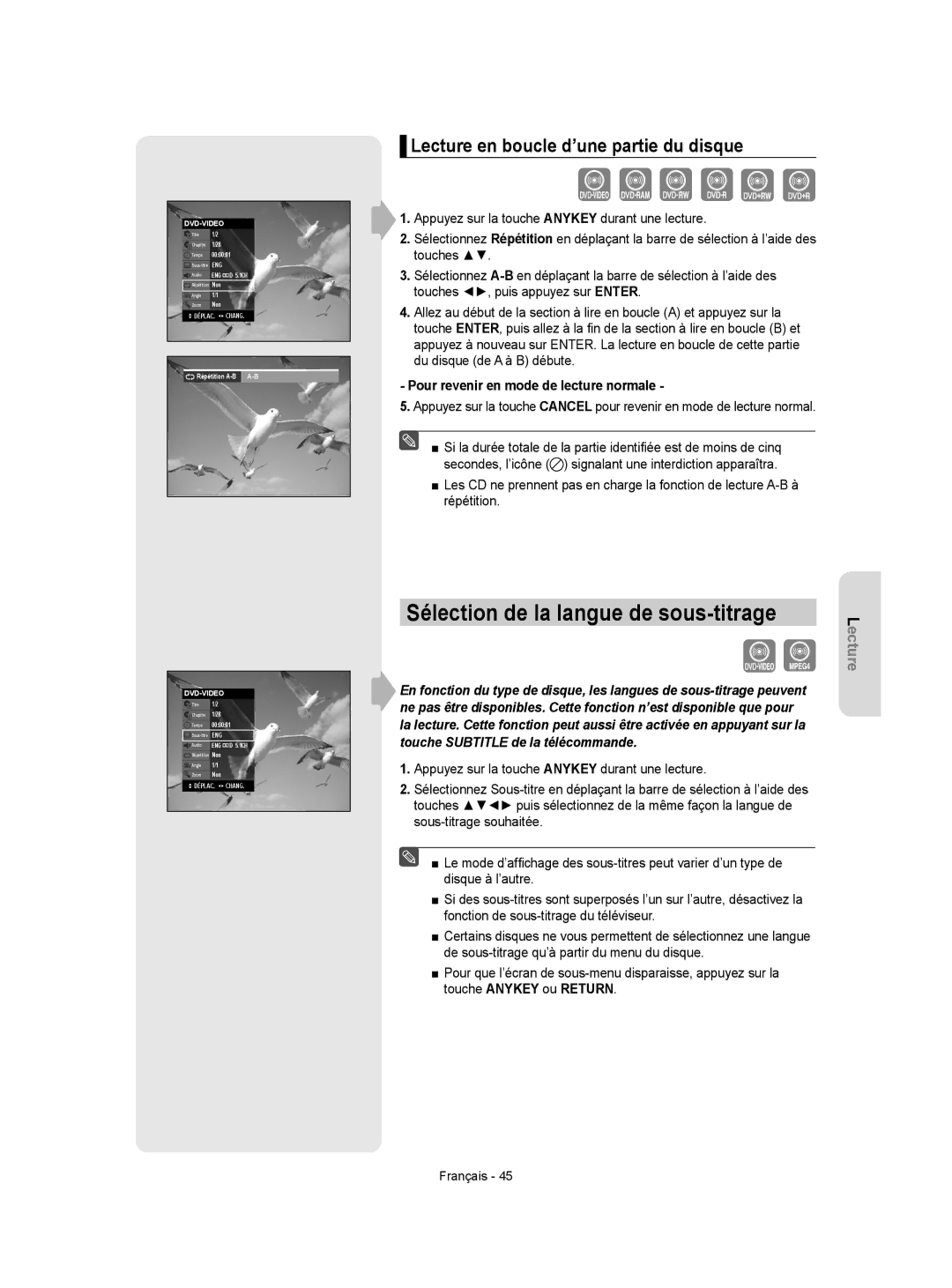 Samsung DVD-VR350 instruction manual Sélection de la langue de sous-titrage, Lecture en boucle d’une partie du disque 