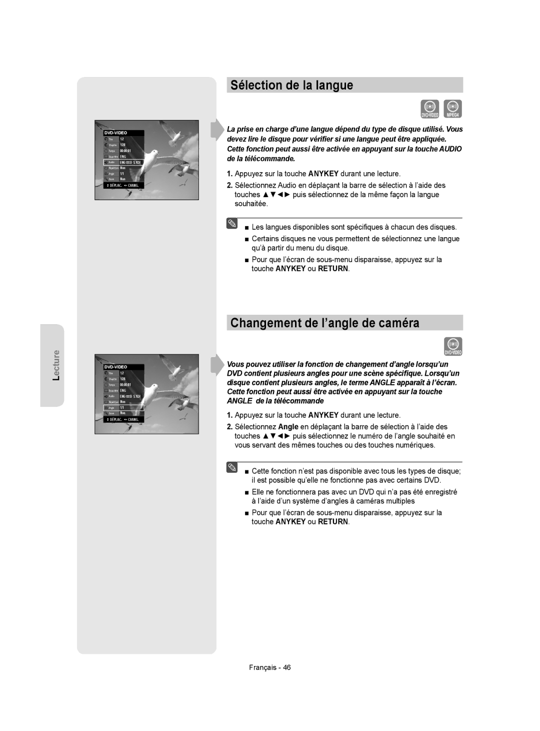 Samsung DVD-VR350 instruction manual Sélection de la langue, Changement de l’angle de caméra 