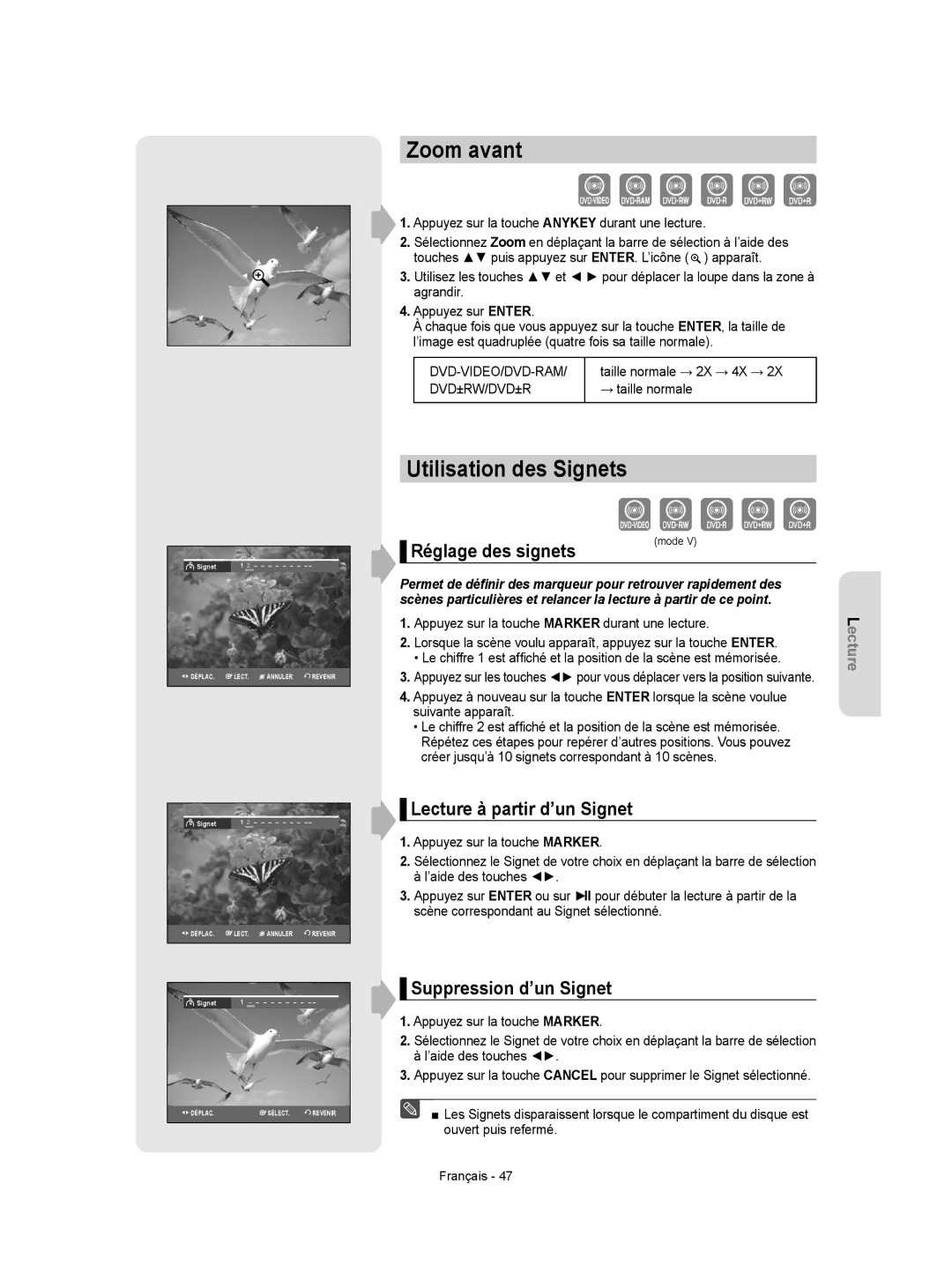 Samsung DVD-VR350 instruction manual Zoom avant, Utilisation des Signets, Réglage des signets, Lecture à partir d’un Signet 