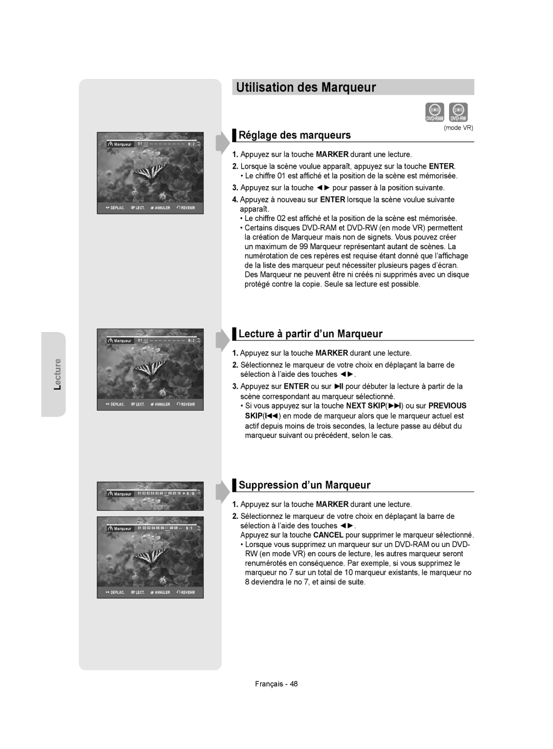 Samsung DVD-VR350 instruction manual Utilisation des Marqueur, Réglage des marqueurs, Lecture à partir d’un Marqueur 