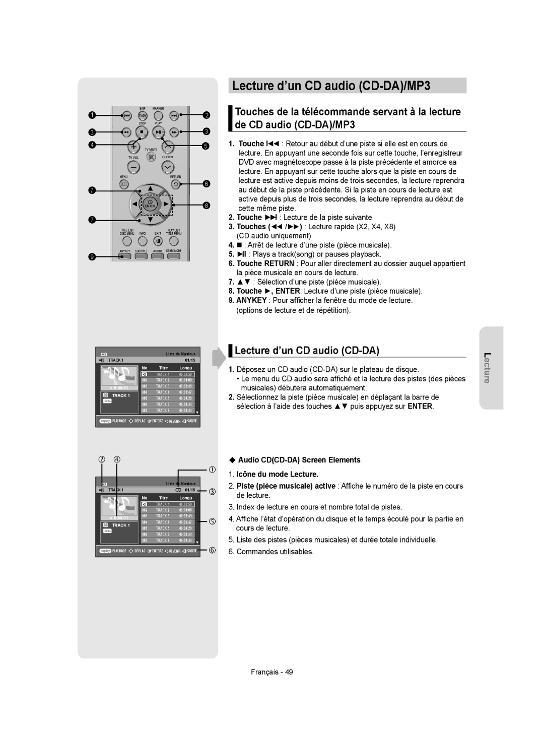 Samsung DVD-VR350 instruction manual Lecture d’un CD audio CD-DA/MP3, ‹ Audio CDCD-DA Screen Elements Icône du mode Lecture 