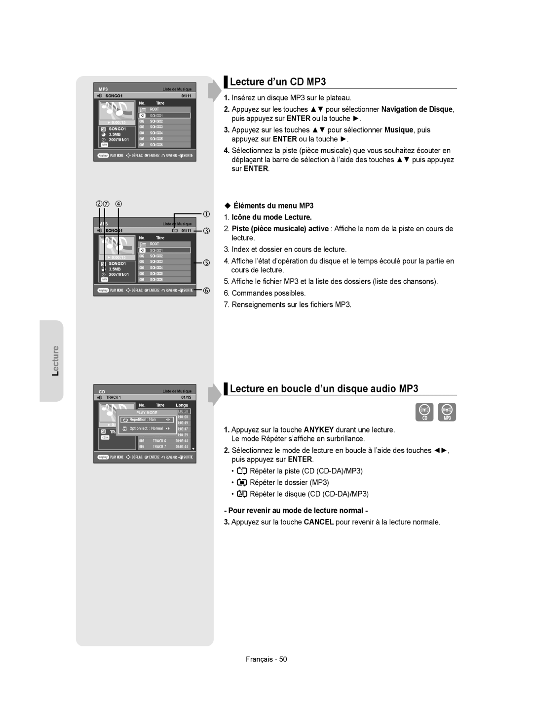 Samsung DVD-VR350 Lecture d’un CD MP3, Lecture en boucle d’un disque audio MP3, Pour revenir au mode de lecture normal 