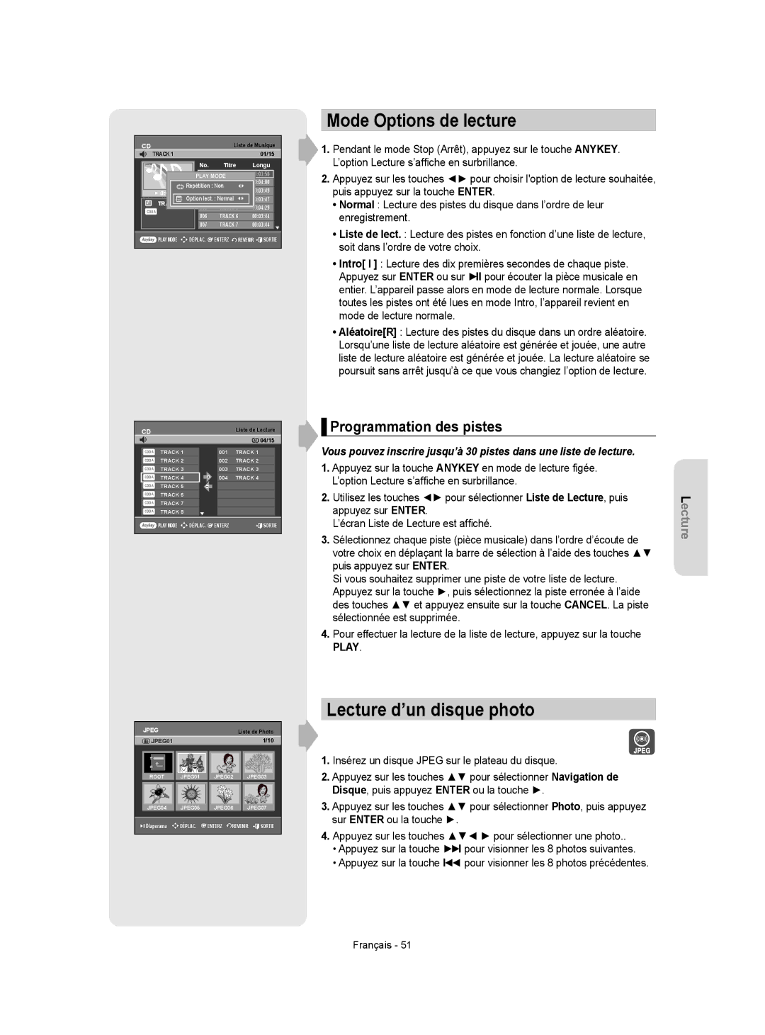 Samsung DVD-VR350 instruction manual Mode Options de lecture, Lecture d’un disque photo, Programmation des pistes 