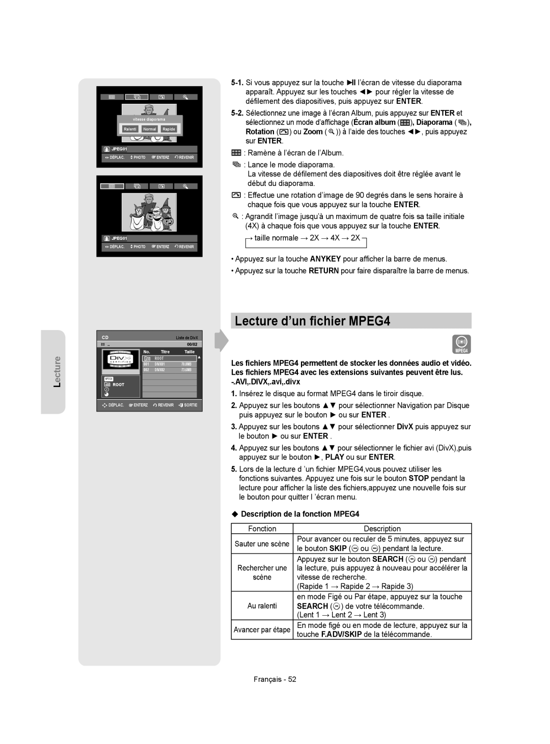 Samsung DVD-VR350 instruction manual Lecture d’un ﬁchier MPEG4, ‹ Description de la fonction MPEG4 