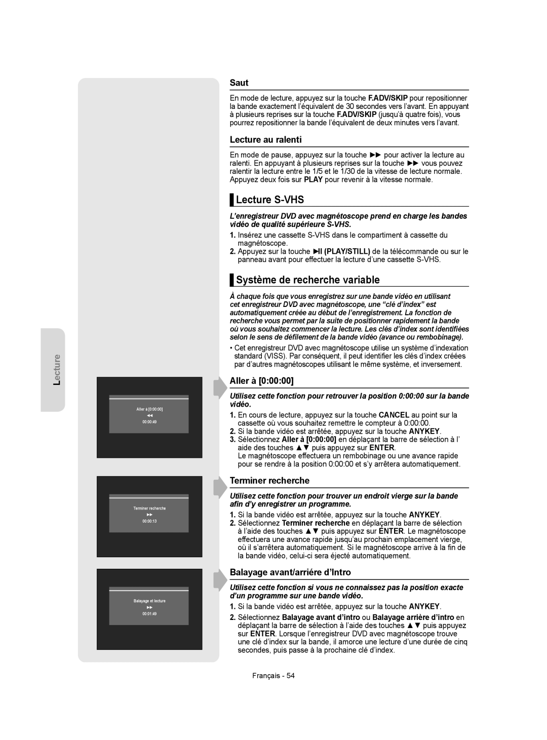 Samsung DVD-VR350 instruction manual Lecture S-VHS, Système de recherche variable 