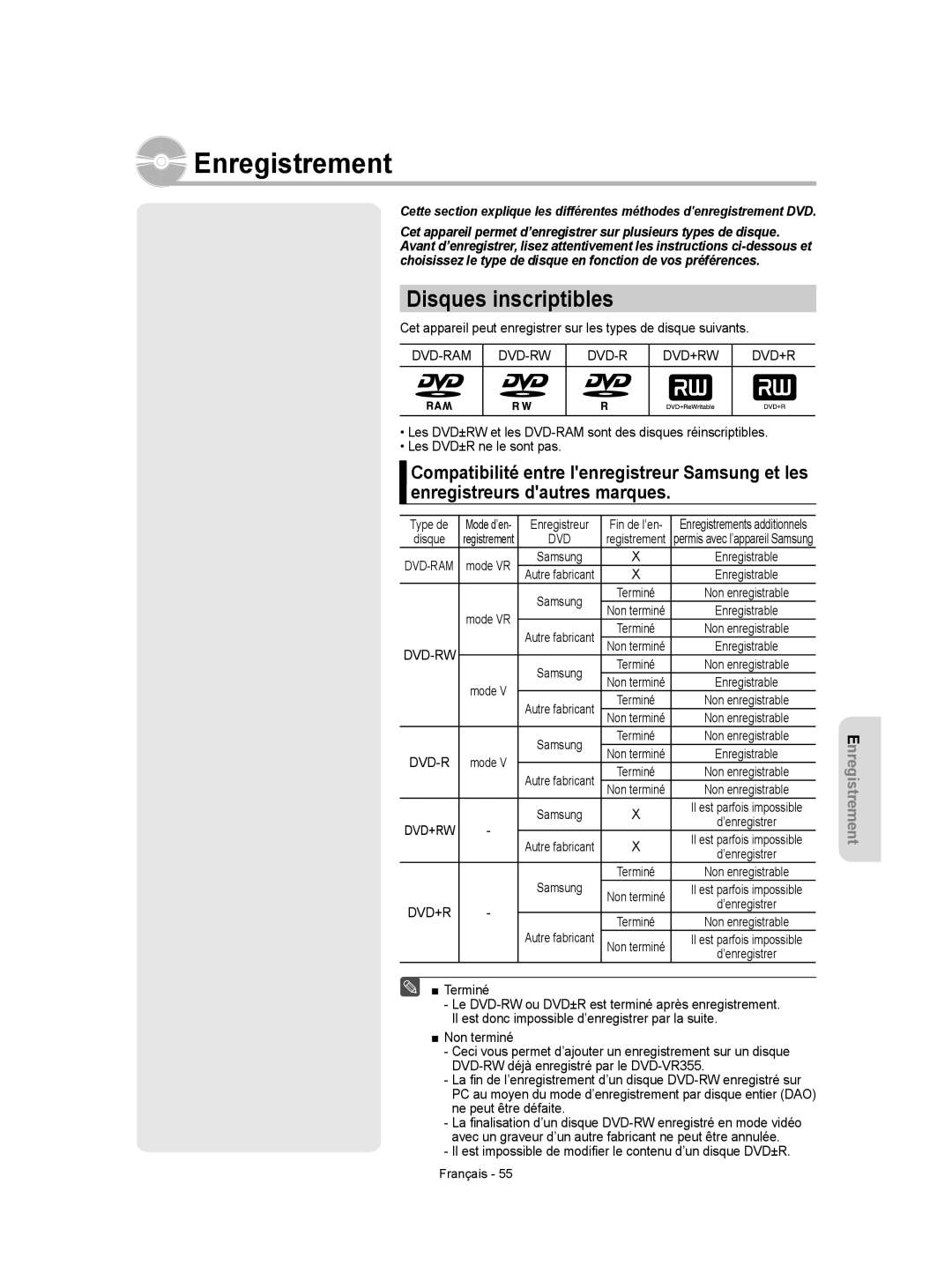 Samsung DVD-VR350 instruction manual Enregistrement, Disques inscriptibles, Dvd-Ram Dvd-Rw Dvd+Rw 