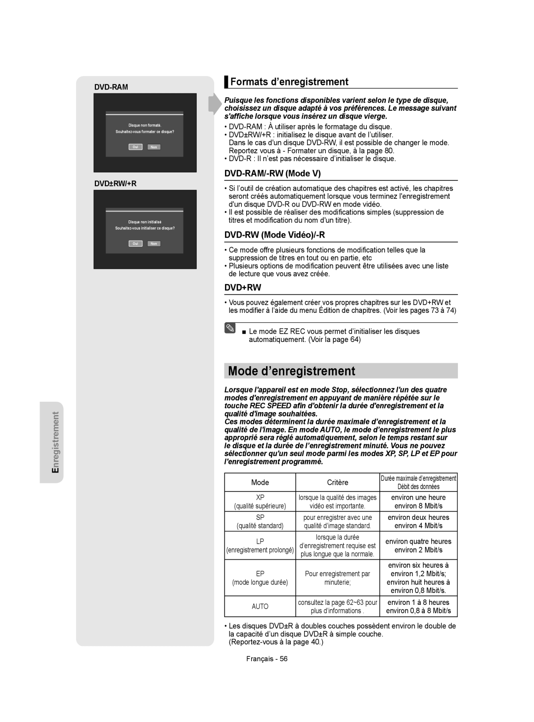 Samsung DVD-VR350 Mode d’enregistrement, Formats d’enregistrement, DVD-RAM/-RW Mode, DVD-RW Mode Vidéo/-R, Mode Critère 