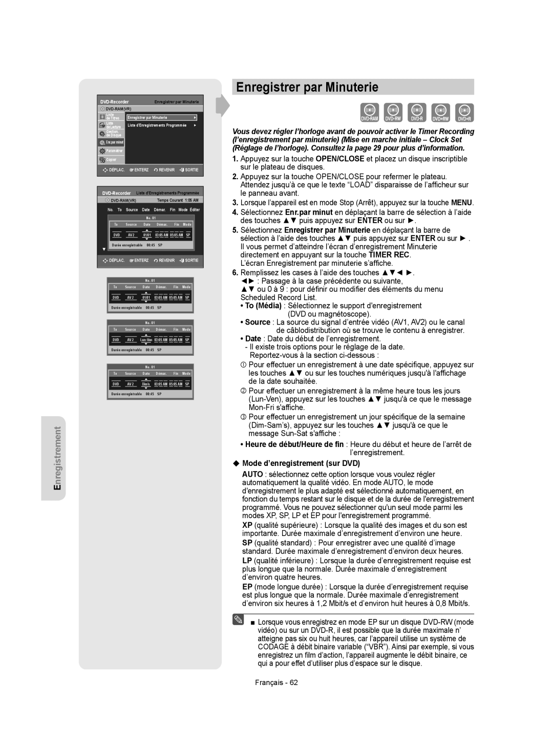 Samsung DVD-VR350 instruction manual Enregistrer par Minuterie, ‹ Mode d’enregistrement sur DVD 