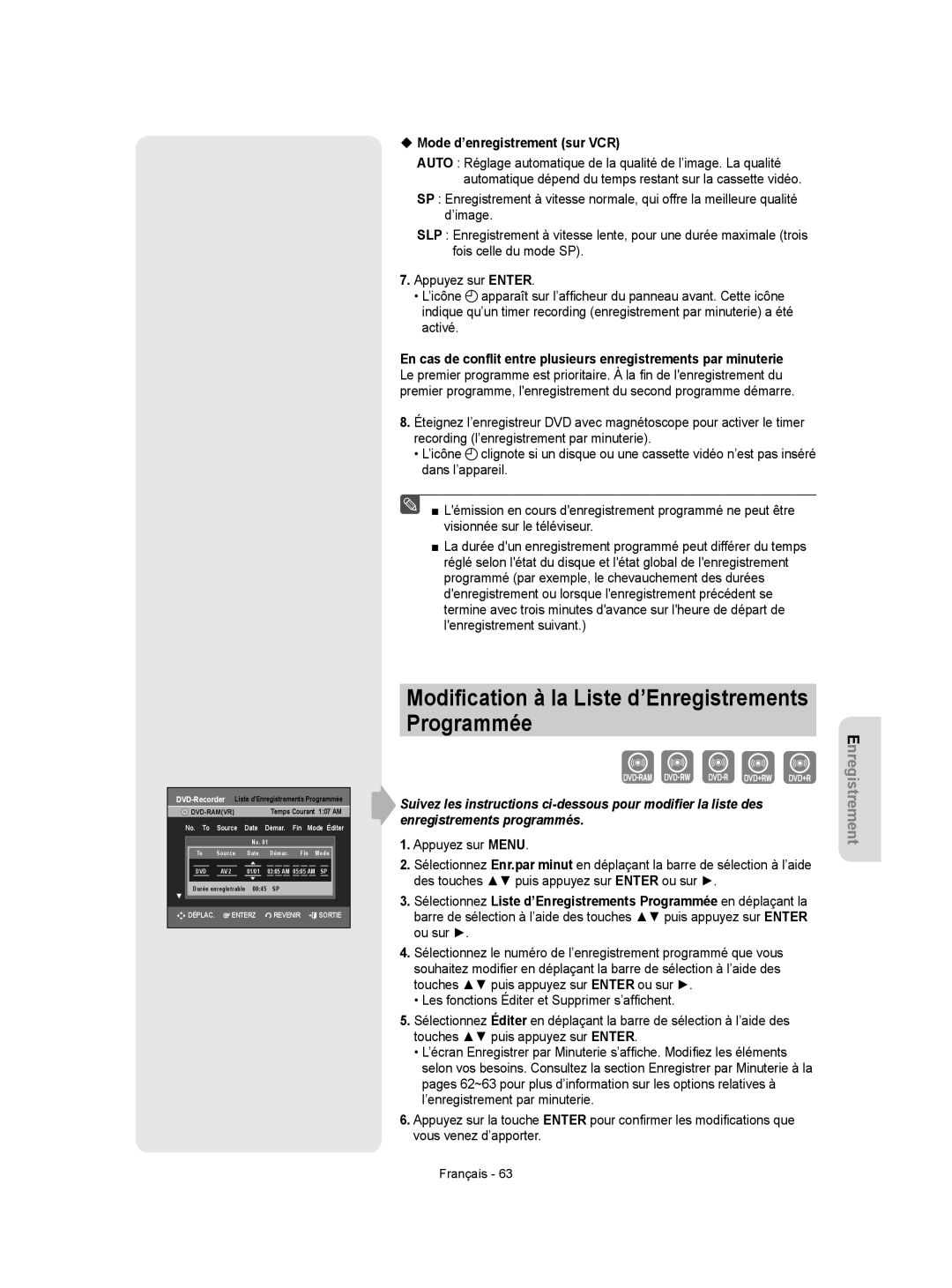 Samsung DVD-VR350 instruction manual Modiﬁcation à la Liste d’Enregistrements Programmée, ‹ Mode d’enregistrement sur VCR 