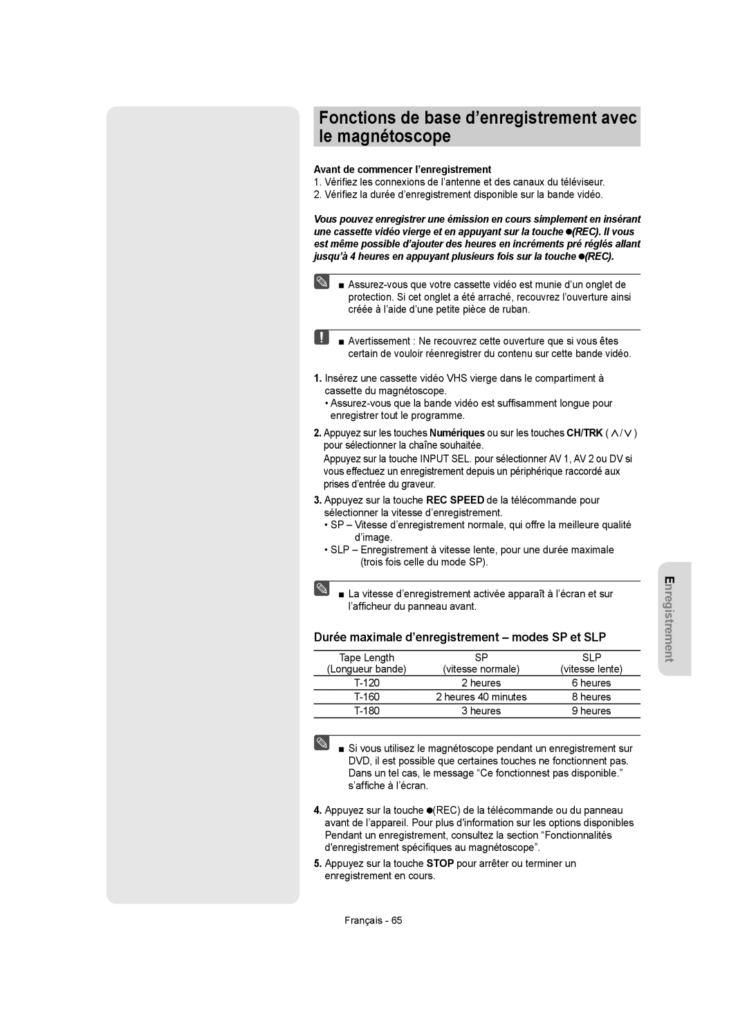 Samsung DVD-VR350 Fonctions de base d’enregistrement avec le magnétoscope, Durée maximale d’enregistrement modes SP et SLP 