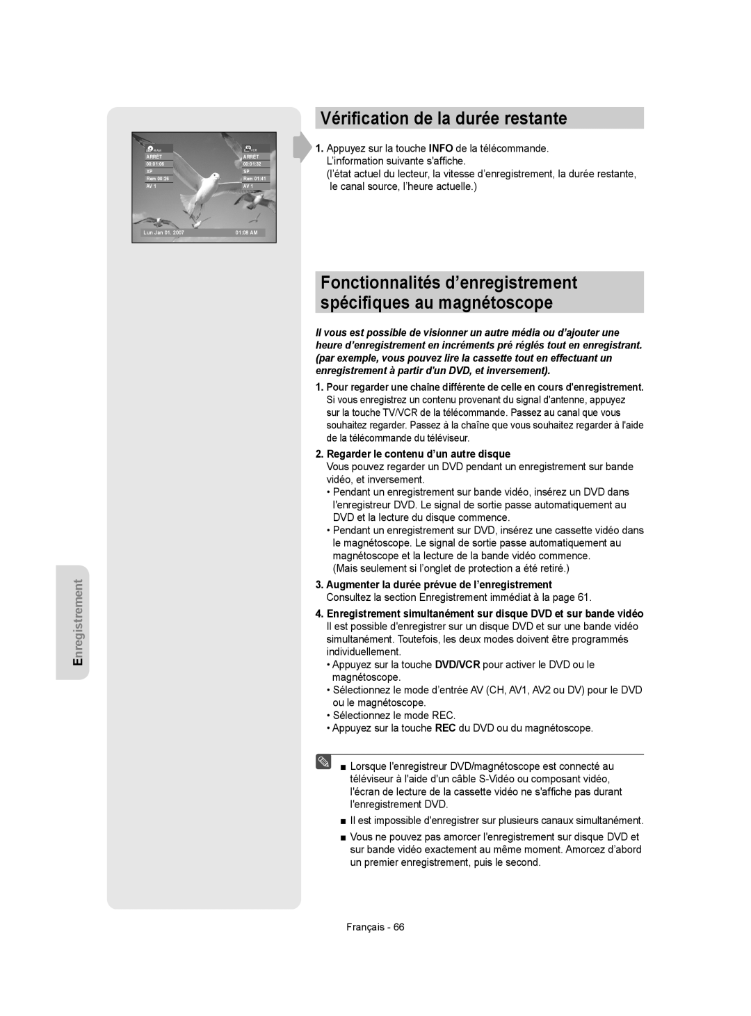 Samsung DVD-VR350 Vériﬁcation de la durée restante, Fonctionnalités d’enregistrement spéciﬁques au magnétoscope 