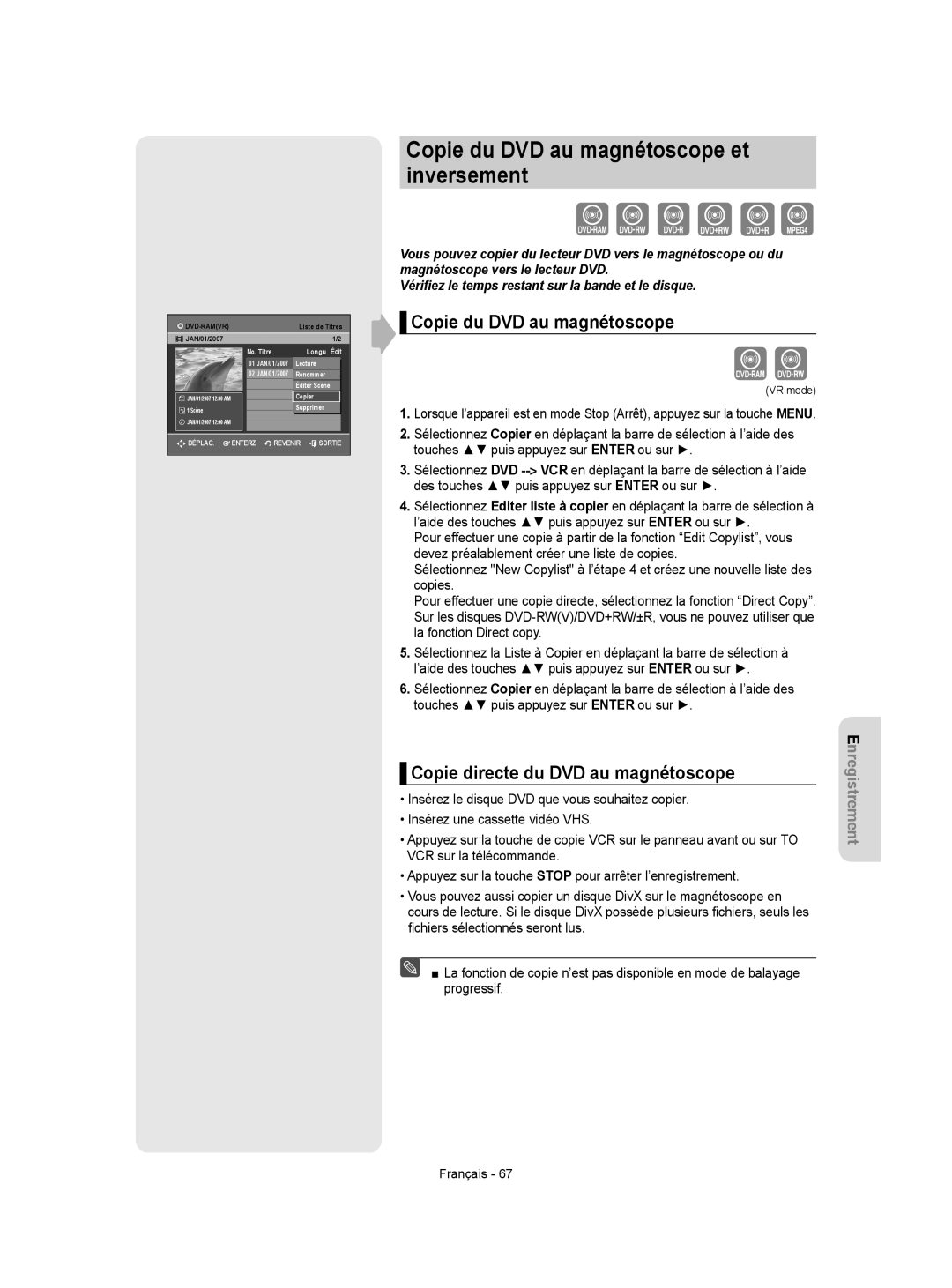 Samsung DVD-VR350 instruction manual Copie du DVD au magnétoscope et inversement, Copie directe du DVD au magnétoscope 