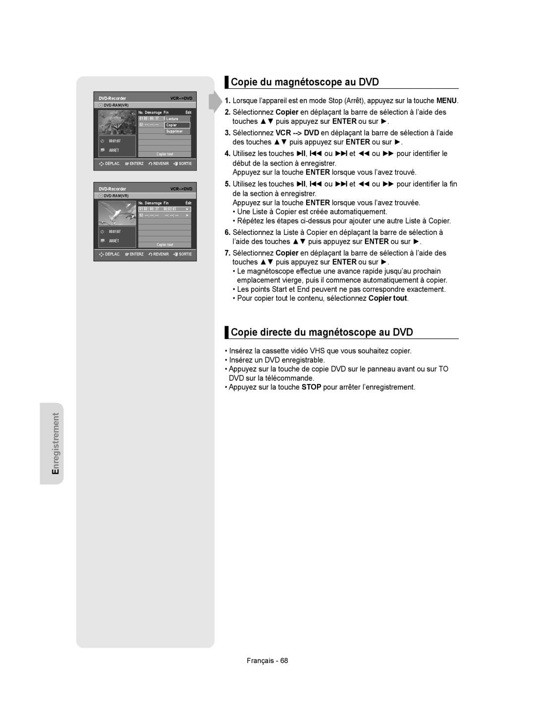 Samsung DVD-VR350 instruction manual Copie du magnétoscope au DVD, Copie directe du magnétoscope au DVD 