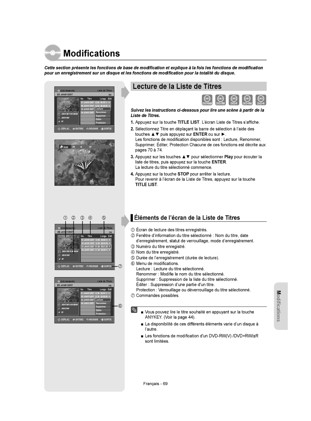 Samsung DVD-VR350 instruction manual Modiﬁcations, Lecture de la Liste de Titres, Éléments de l’écran de la Liste de Titres 