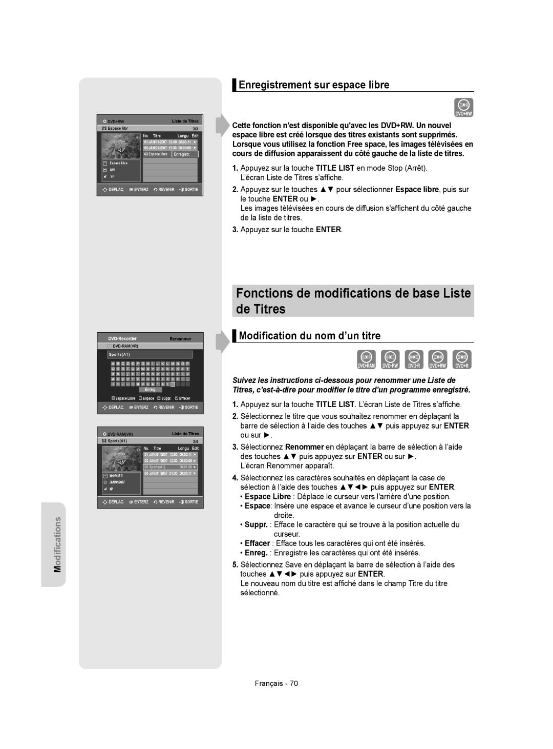 Samsung DVD-VR350 instruction manual Fonctions de modiﬁcations de base Liste de Titres, Enregistrement sur espace libre 