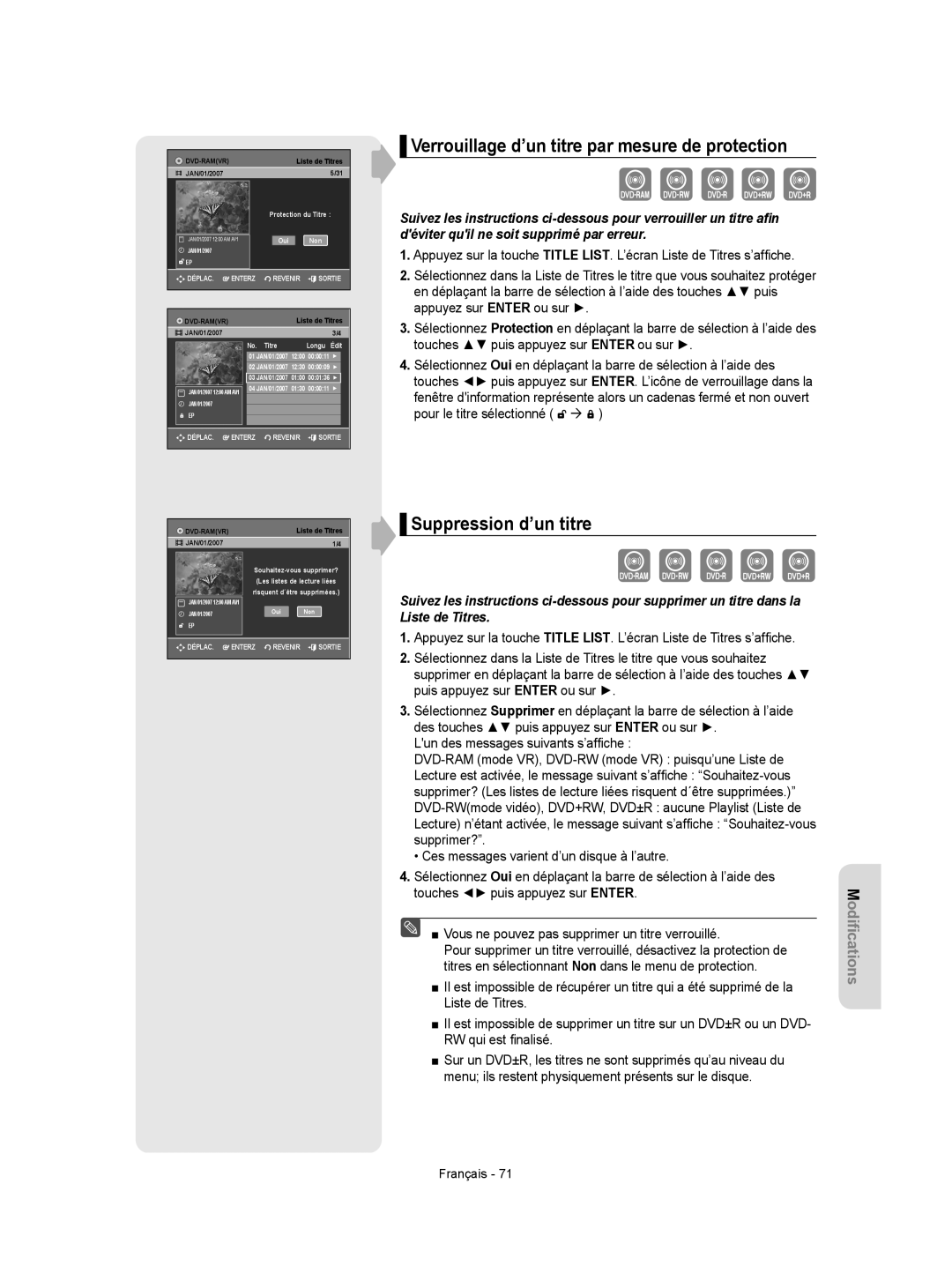 Samsung DVD-VR350 instruction manual Verrouillage d’un titre par mesure de protection, Suppression d’un titre 