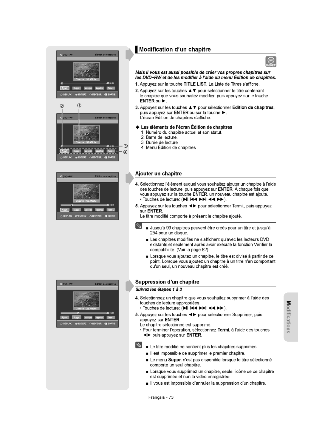 Samsung DVD-VR350 Modiﬁcation d’un chapitre, Ajouter un chapitre, Suppression d’un chapitre, Suivez les étapes 1 à 