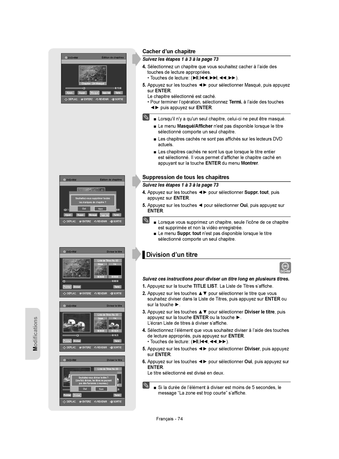 Samsung DVD-VR350 instruction manual Division d’un titre, Cacher d’un chapitre, Suppression de tous les chapitres 