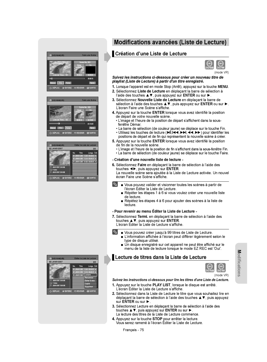 Samsung DVD-VR350 instruction manual Création d’une Liste de Lecture, Lecture de titres dans la Liste de Lecture 