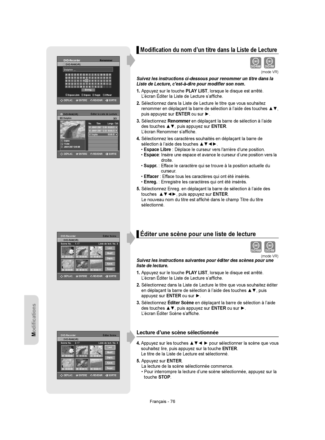 Samsung DVD-VR350 instruction manual Éditer une scène pour une liste de lecture, Lecture d’une scène sélectionnée 