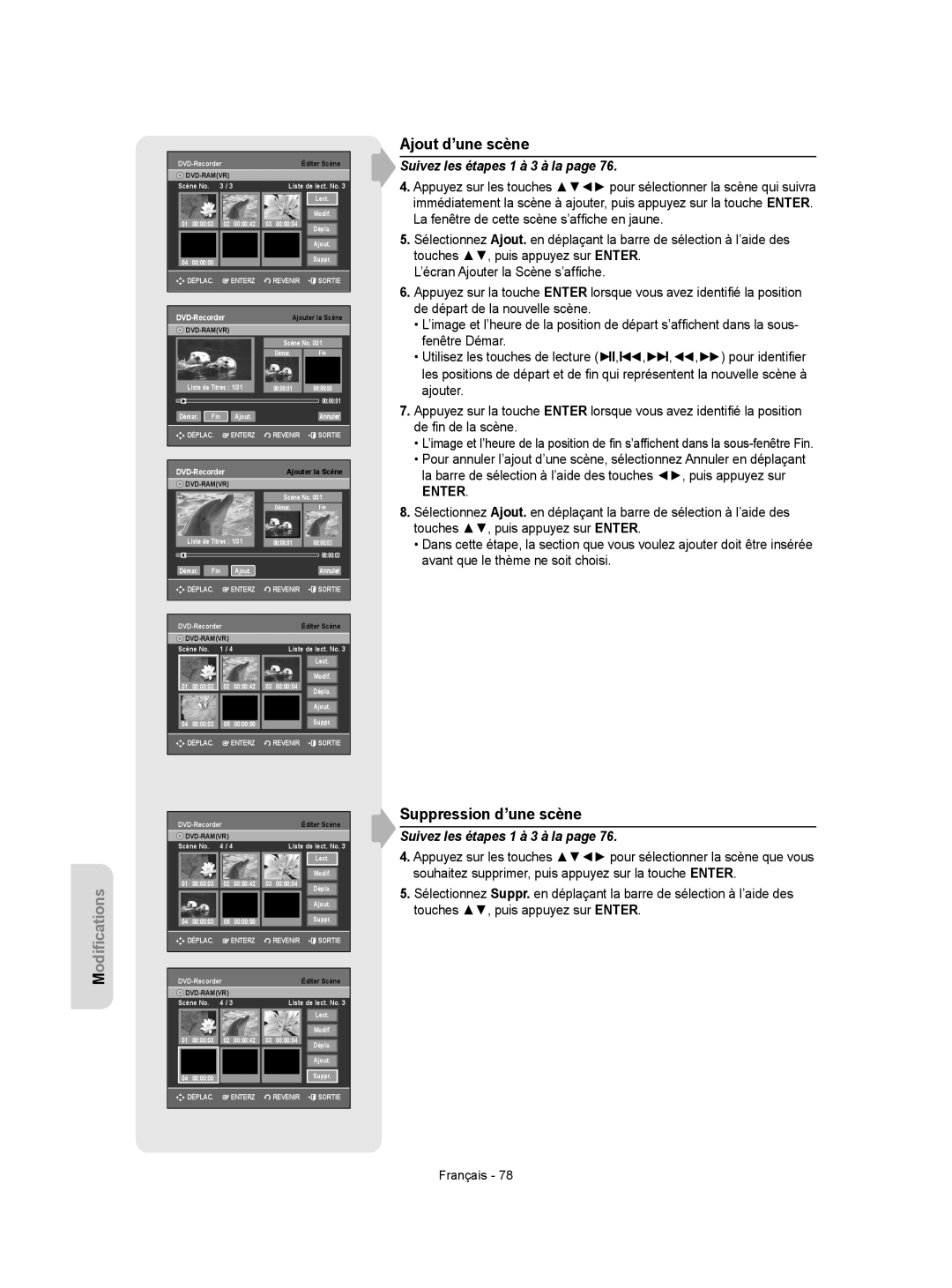 Samsung DVD-VR350 instruction manual Ajout d’une scène, Suppression d’une scène 