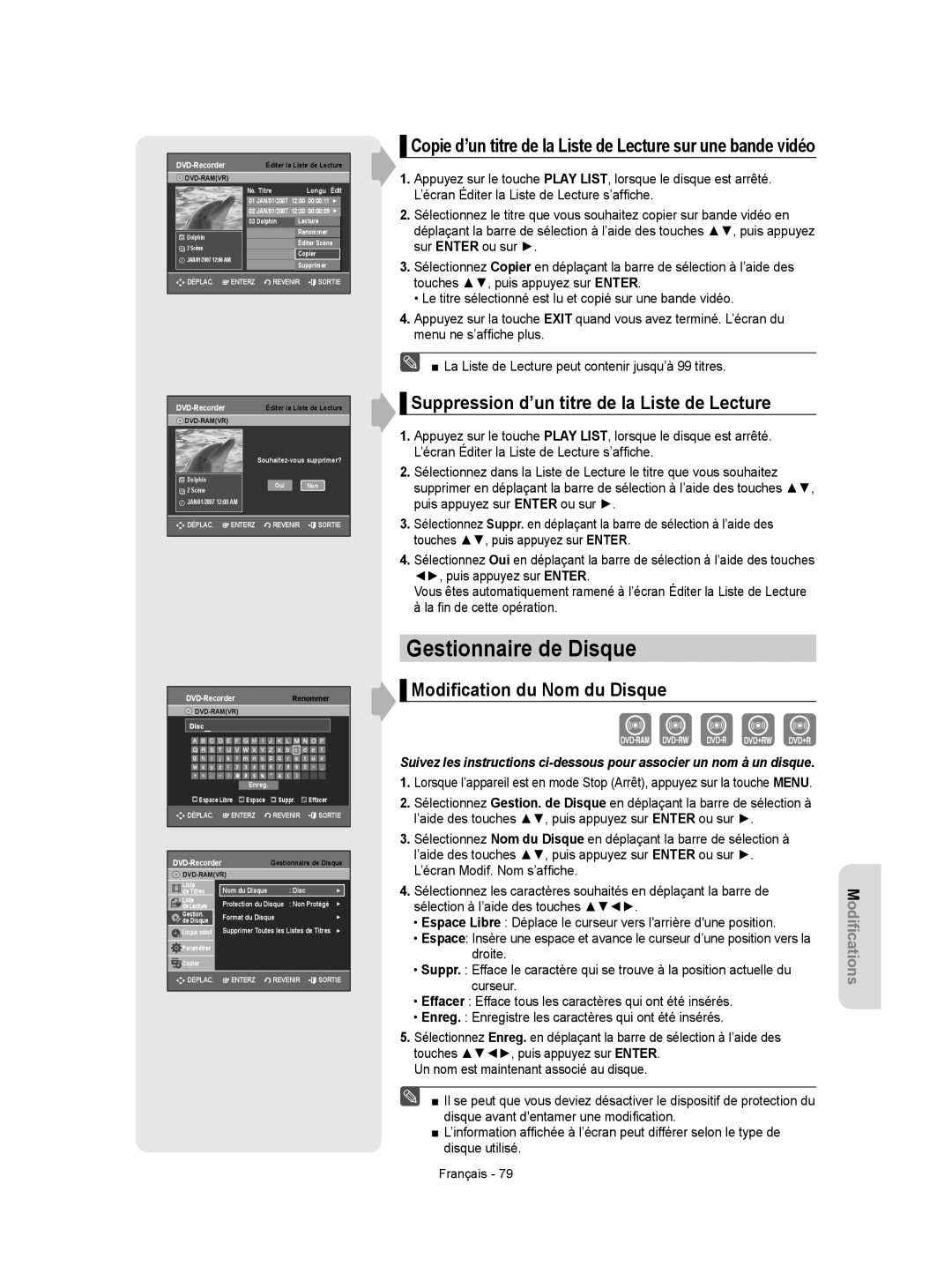 Samsung DVD-VR350 Gestionnaire de Disque, Suppression d’un titre de la Liste de Lecture, Modiﬁcation du Nom du Disque 