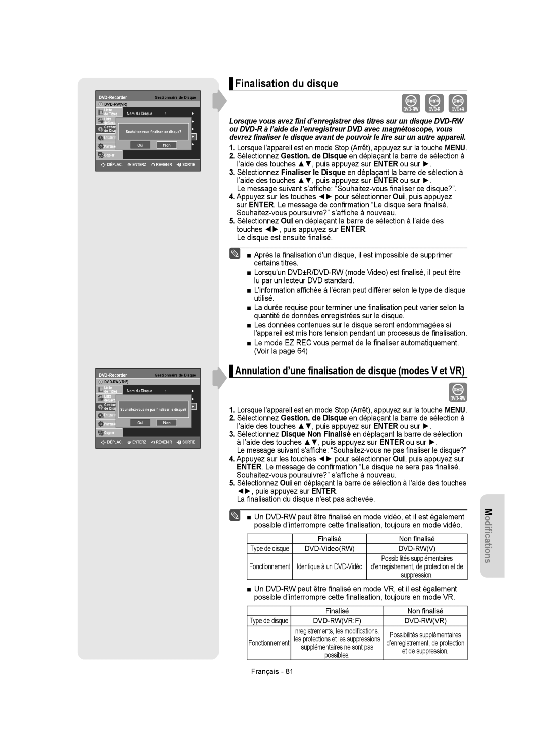 Samsung DVD-VR350 instruction manual Finalisation du disque, Annulation d’une ﬁnalisation de disque modes V et VR 