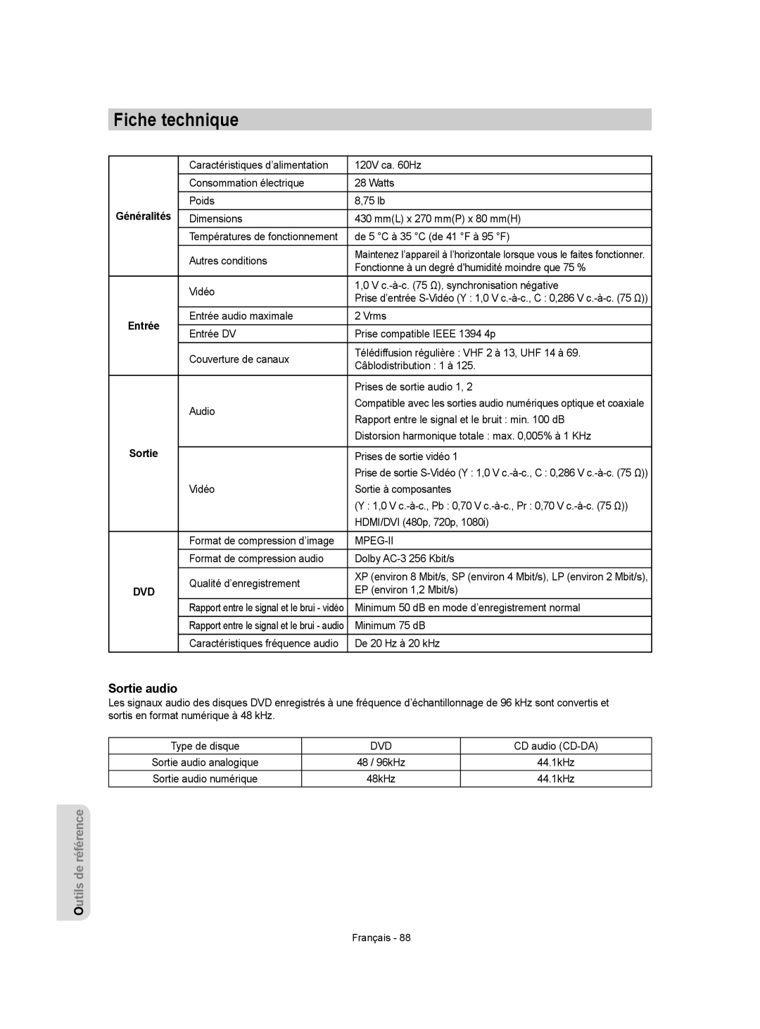 Samsung DVD-VR350 instruction manual Fiche technique, Sortie audio, Généralités 