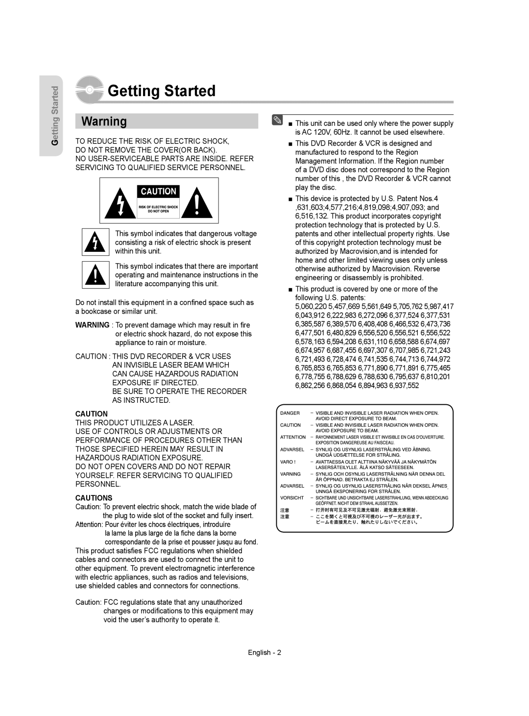 Samsung DVD-VR350 instruction manual Getting Started, Is AC 120V, 60Hz. It cannot be used elsewhere 