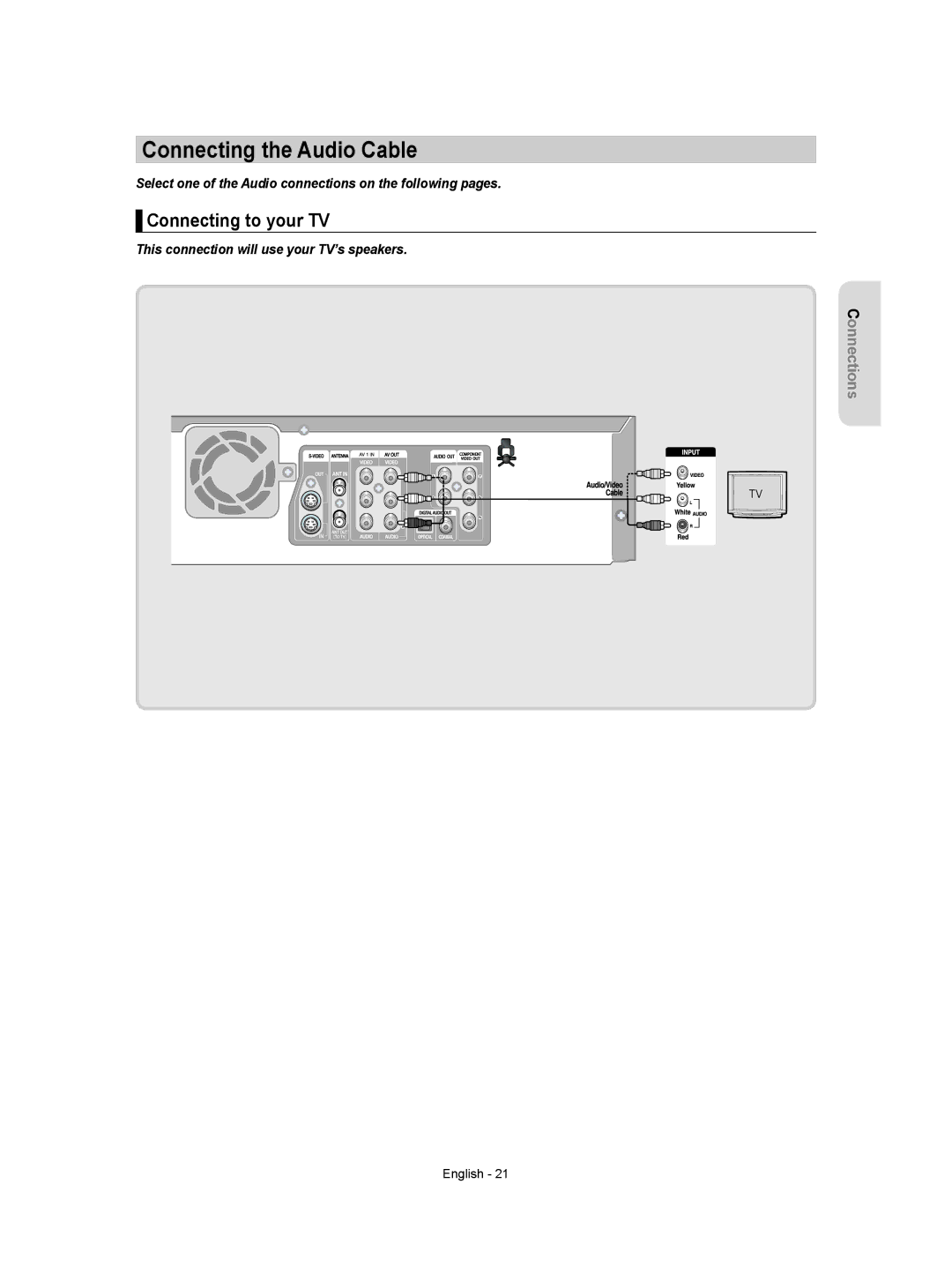 Samsung DVD-VR350 Connecting the Audio Cable, Connecting to your TV, This connection will use your TV’s speakers 