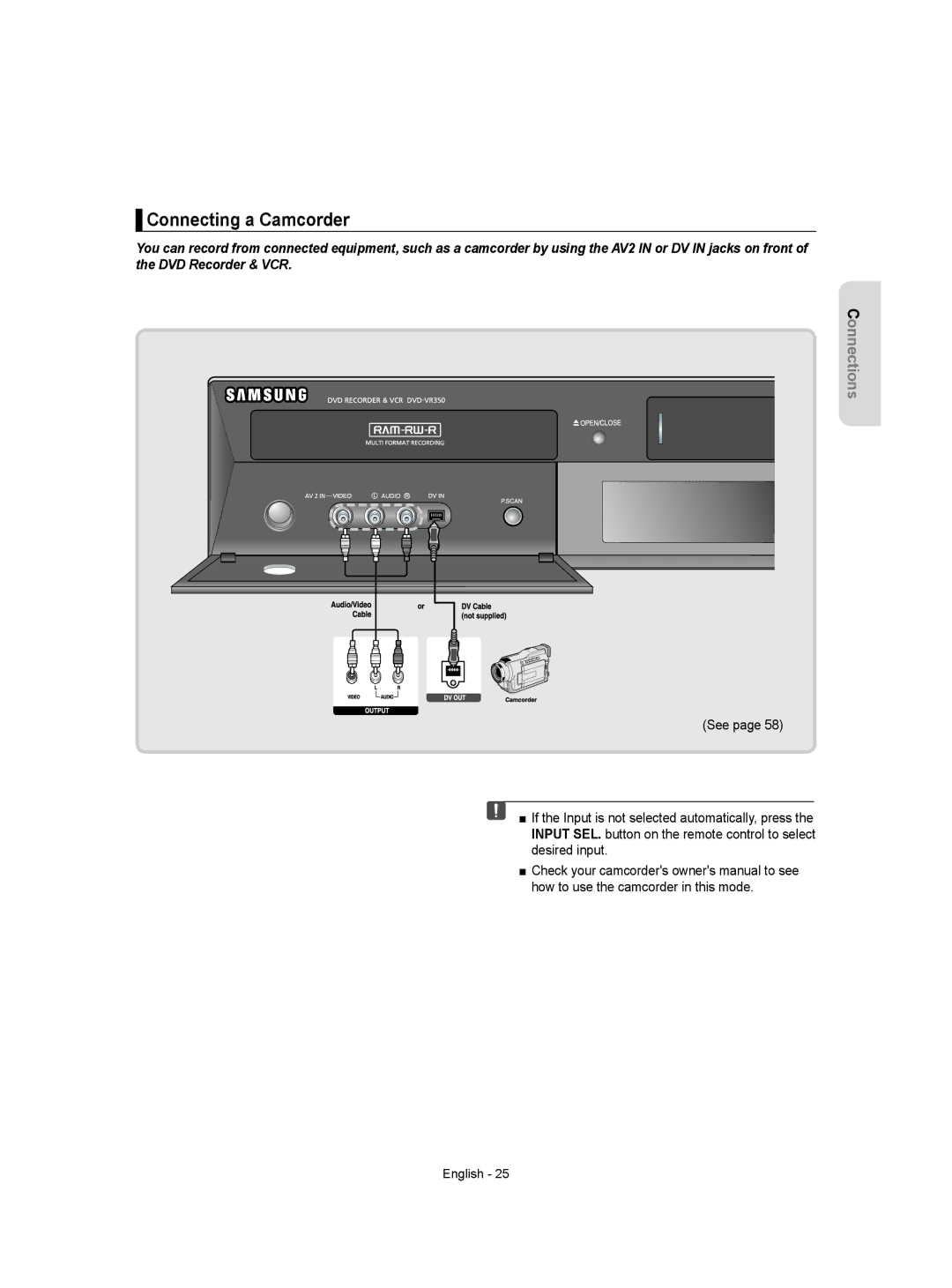 Samsung DVD-VR350 instruction manual Connecting a Camcorder 