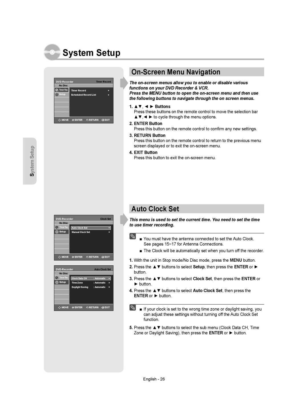 Samsung DVD-VR350 instruction manual System Setup, On-Screen Menu Navigation, Auto Clock Set, Enter Button 