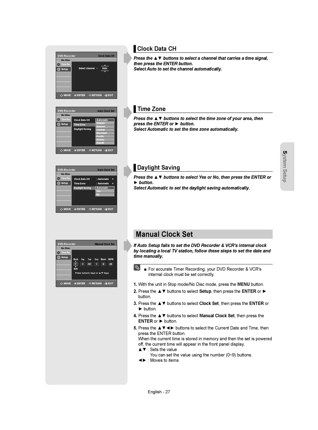 Samsung DVD-VR350 instruction manual Manual Clock Set, Clock Data CH, Time Zone, Daylight Saving 