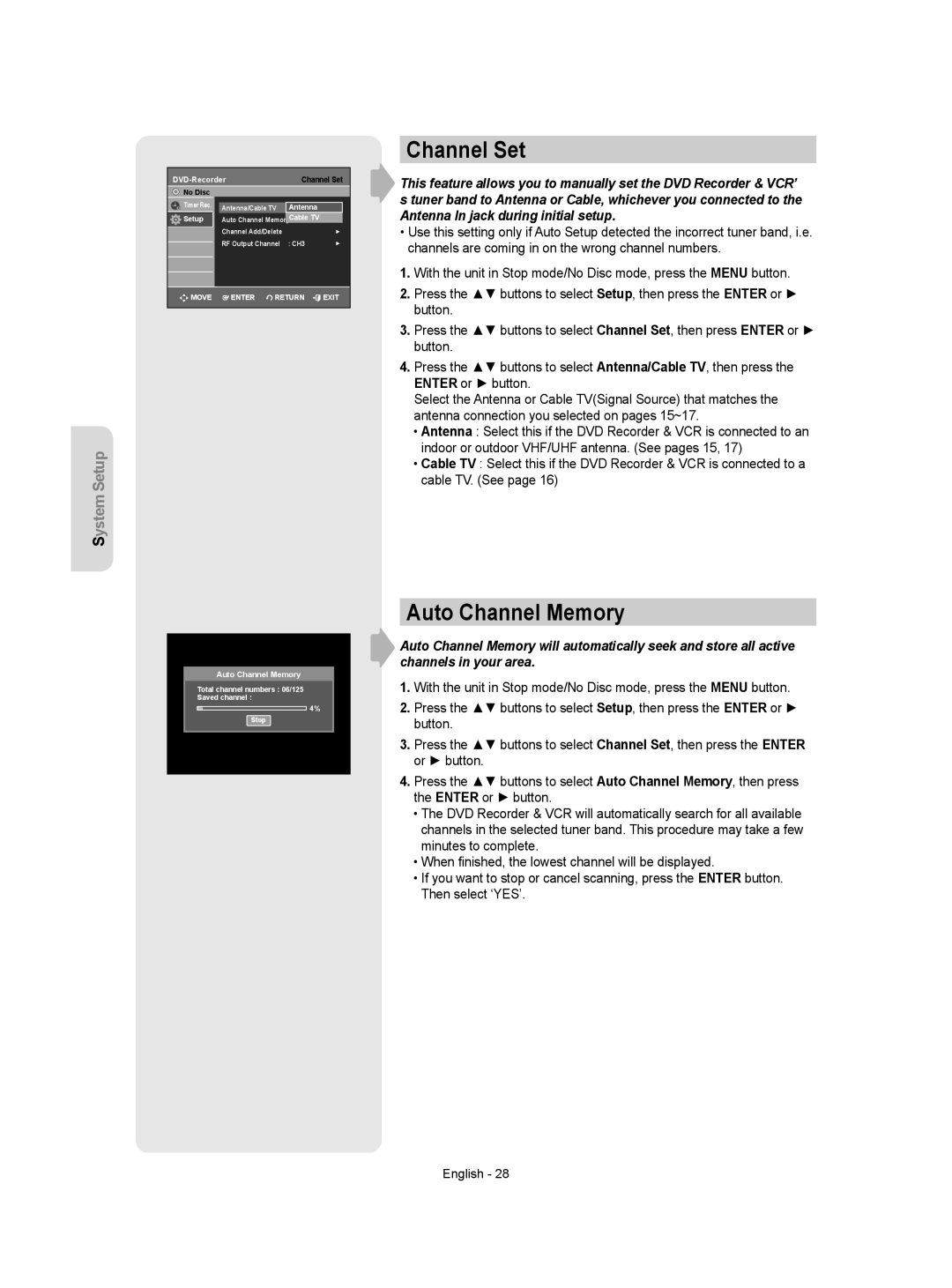 Samsung DVD-VR350 instruction manual Channel Set, Auto Channel Memory 