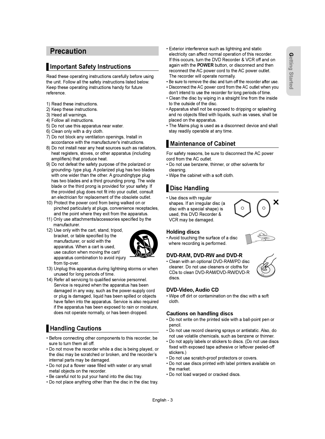 Samsung DVD-VR350 Precaution, Important Safety Instructions, Handling Cautions, Maintenance of Cabinet, Disc Handling 