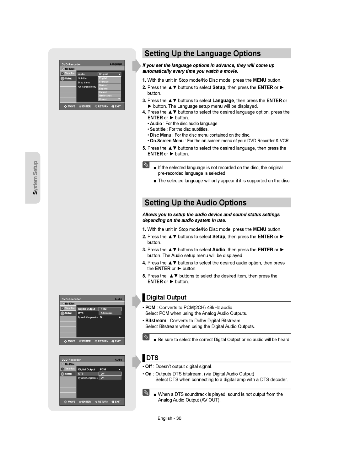 Samsung DVD-VR350 instruction manual Setting Up the Language Options, Setting Up the Audio Options, Digital Output 