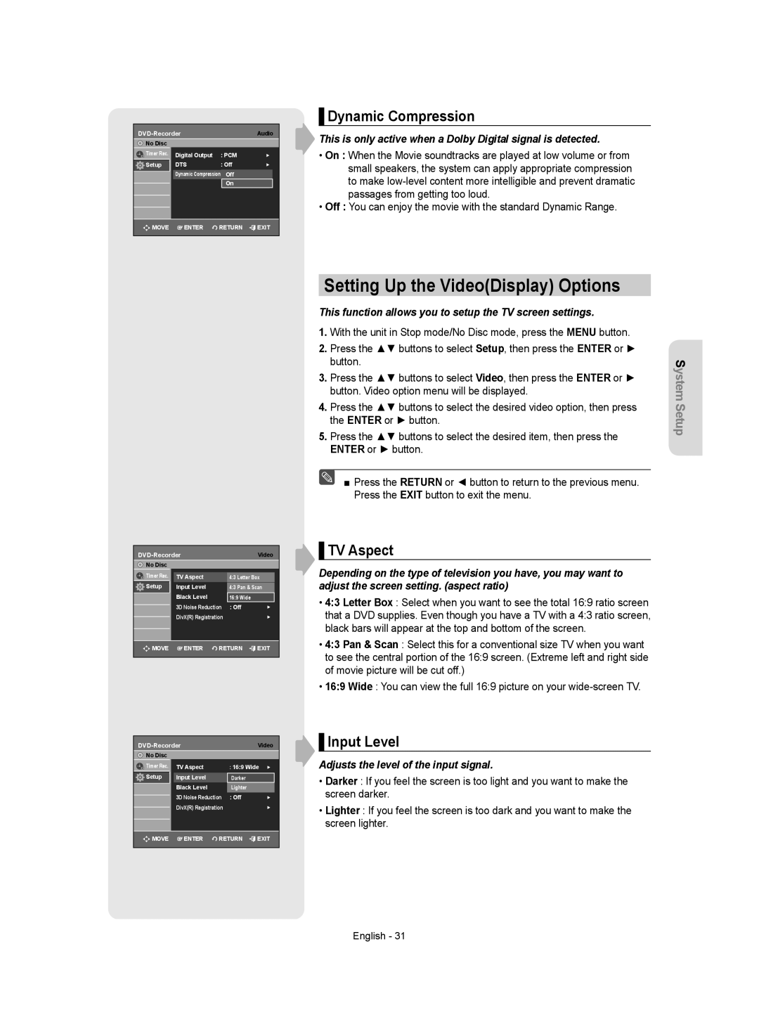 Samsung DVD-VR350 instruction manual Setting Up the VideoDisplay Options, Dynamic Compression, TV Aspect, Input Level 