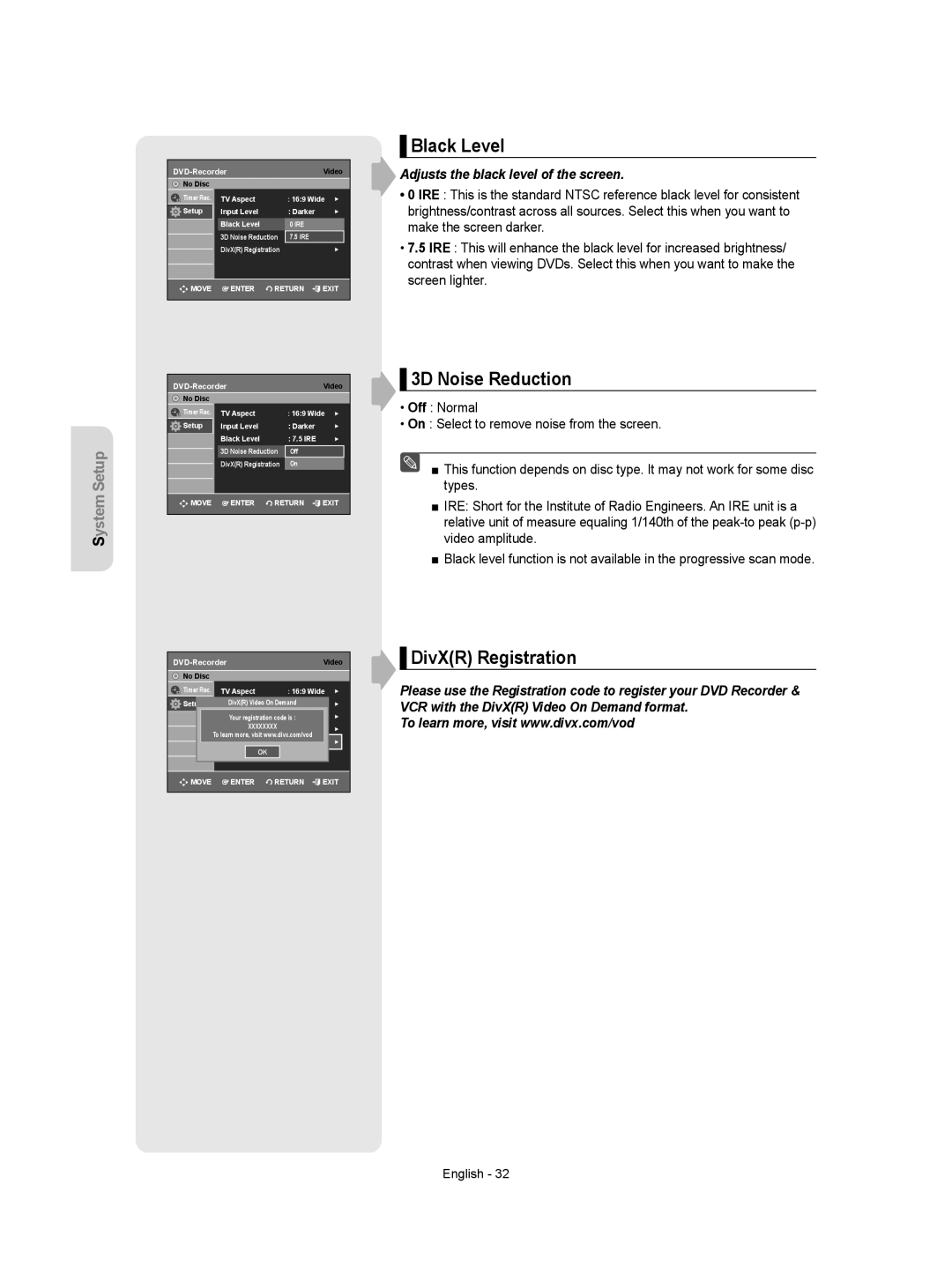 Samsung DVD-VR350 Black Level, 3D Noise Reduction, DivXR Registration, Adjusts the black level of the screen 