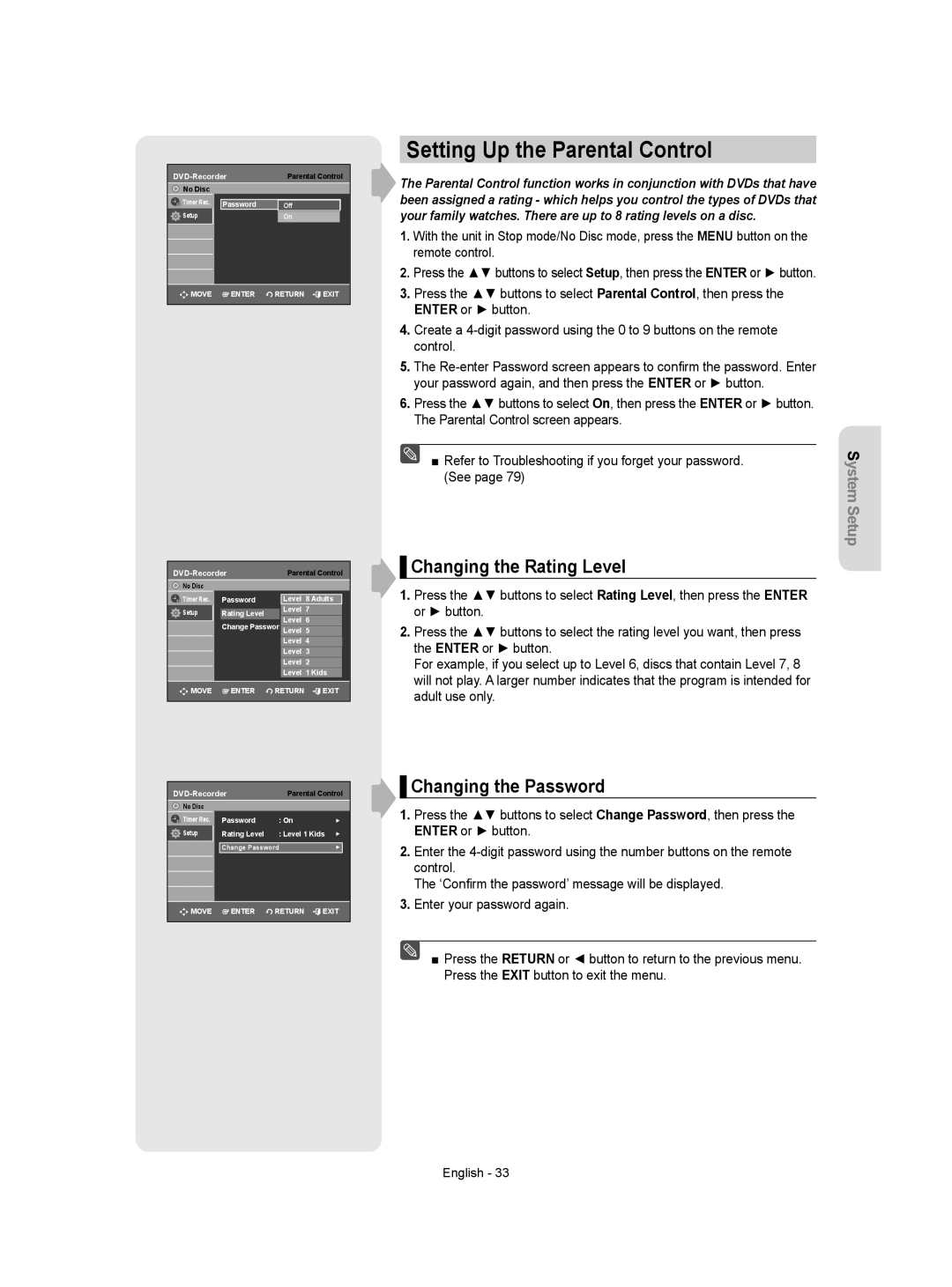 Samsung DVD-VR350 instruction manual Setting Up the Parental Control, Changing the Rating Level, Changing the Password 