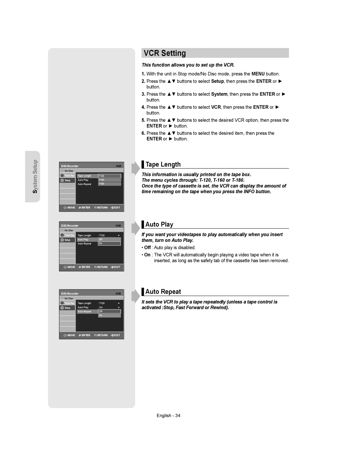 Samsung DVD-VR350 VCR Setting, Tape Length, Auto Play, Auto Repeat, This function allows you to set up the VCR 